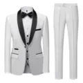 Men's white tuxedo 3-piece set with black shawl lapel, formal wedding suit detail view. - White