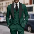 Abito da uomo verde scuro a 3 pezzi con collo scialle nero, smoking da sposa slim fit. - Verde Scuro