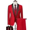 Men's 3-piece slim fit tuxedo suit with shawl lapel, ideal for weddings and formal business. - Red