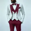 Eleganter Herren 3-teiliger Business Anzug mit weißer Jacke und bordeauxroter Weste. - XS / Oberteil Und Hose / Burgunderrot