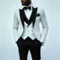 Herren 3 teiliger Smoking Anzug Slim Fit weisses Sakko schwarzes Revers Hochzeit Party - XS / Oberteil Und Hose / Schwarz