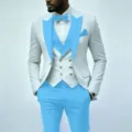 Herren 3-Teiliger Anzug in Weiß und Hellblau Slim Fit Business Hochzeit Party Smoking - XS / Oberteil und Unterteil / Himmelblau