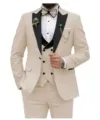 Mens three piece suit set for business wedding formal party stylish slim fit jacket pants waistcoat - Beige