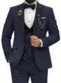 Men navy blue three piece suit set business wedding blazer vest trousers formal wear - Navy Blue