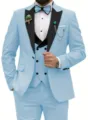 Men light blue 3-piece suit slim fit wedding business formal blazer vest and trousers. - XS / Set / Light Blue