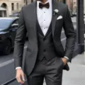 Men's dark grey three-piece suit slim fit business formal wear with matching bow tie. - Gray Set