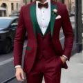 Men's burgundy three-piece suit detail, contrast green lapel, formal party wear closeup - Wine Red Set