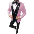 Men's slim fit 3-piece pink suit with black lapel, double-breasted vest, and trousers for weddings. - Pink