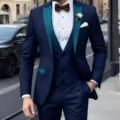 Men's slim fit three-piece business suit set with contrasting lapel for party wedding - XS / Set / Navy Blue Set