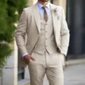 Herren Slim Fit beige dreiteiliger Anzug, Business Freizeitanzug für Hochzeit und Events. - M / Set / Beige