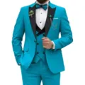 Men bright blue three piece suit set with black lapel vest pants for formal wedding business. - Lake Blue