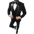 Men's black slim fit three-piece suit variant, elegant wedding and business tuxedo set. - Black