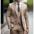 Detailed view of men's three-piece khaki suit, featuring blazer, vest, and trousers. - XS / Set / Khaki