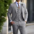 Herren grauer dreiteiliger Anzug, eleganter Slim-Fit-Anzug für Hochzeit, Business und Events. - M / Set / Grau