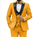 Men yellow three piece suit with black lapel formal wedding party business tuxedo set - Gold