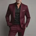 Men's slim fit business suit set wine red blazer and black shirt for formal wear. - XS / Set / Burgundy