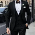 Men's Slim Fit Three Piece Suit Formal Business Tuxedo Wedding Party Jacket Vest Set - XS / Set / Black Set