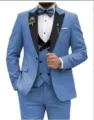 Men's 3-piece light blue suit jacket vest trousers for business wedding formal events - Grey Blue