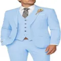 Light blue men's 3-piece suit detail, slim fit blazer vest trousers for wedding business event. - XS / Set / Sky Blue