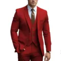 Men business casual 3 piece suit red wedding formal blazer vest trousers set detail view - XS / Set / Red