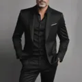 Detail view of men's slim fit black suit jacket and matching shirt, professional tailoring. - XS / Set / Black
