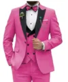 Men's vibrant pink 3-piece suit set with black lapel vest formal wear for weddings and events. - Rose Red