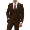 Men's elegant brown three-piece suit slim fit formal wedding business wear jacket trousers - Coffee