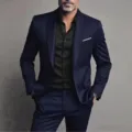 Men slim fit business suit set in dark navy blue with black shirt professional formal attire. - XS / Set / Navy Blue