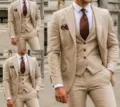 Men slim fit three piece suit formal wedding groom tuxedo business suit jacket vest pants - Beige