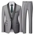Men grey slim fit 3-piece suit with black shawl lapel groom wedding tuxedo outfit variant - Gray