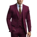 Men burgundy 3 piece suit slim fit business wedding tuxedo jacket vest trousers detailed view - XS / Set / Burgundy