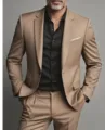 Men's slim fit business suit set casual blazer and trousers for formal wedding wear. - XS / Set / Khaki