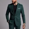 Men's dark green slim fit suit set casual business formal wear detailed view and pants - XS / Set / Dark Green