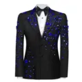 Nahaufnahme des schwarzen Anzugs mit funkelnden blauen Strasssteinen und edlem Design. - XS / Set / Schwarz mit blauem Strass