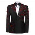 Herren schwarzer Strass Anzug Jacke Slim Fit Buehne Performance Hochzeit elegante Blazer - XS / Set / Schwarz mit rotem Strass