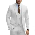Men's elegant white three-piece suit detail, tailored blazer, vest and trousers for formal events. - XS / Set / White