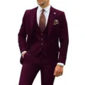 Men's 3-piece slim fit burgundy formal business wedding groom tuxedo jacket vest and trousers. - Burgundy