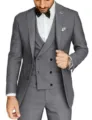 Men's grey 3-piece slim fit formal suit detail, featuring double-breasted vest and jacket. - Gray