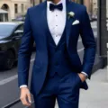 Men's Slim Fit Three Piece Suit Formal Business Wedding Party Jacket Vest Trousers Navy Blue - Dark Blue Set