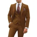 Close-up detail of the brown three-piece suit showcasing fine tailoring, lapel and vest. - XS / Top And Bottom / Caramel color
