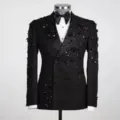 Schwarzer eleganter Herren Anzug Slim Fit mit Strass Steinen fuer Buehne Hochzeit Party - XS / Set / Schwarz Mit Schwarzem Strass