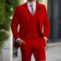 Abito uomo rosso 3 pezzi slim fit giacca gilet pantaloni per matrimonio festa spettacolo. - Rosso