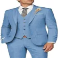 Light blue men's three-piece suit, slim fit casual business wedding suit jacket vest pants. - XS / Set / Blue