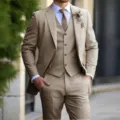 Abito Tre Pezzi Kaki da Uomo Matrimonio Affari gilet giacca pantaloni stile elegante - Kaki