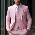 Stylish men's pink 3-piece suit set featuring a classic blazer vest and trousers for formal events. - Pink