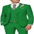 Men's green three piece suit slim fit casual wedding prom blazer jacket vest and pants set - XS / Set / Green