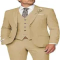 Stylish mens khaki 3 piece suit casual wedding prom slim fit formal wear business tuxedo - XS / Set / Khaki