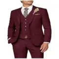 Men 3-Piece Burgundy Suit Wedding Business Slim Fit Tuxedo Jacket Vest Pants Sets - XS / Set / Dark Burgundy