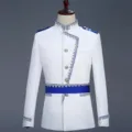 Men white court performance suit jacket stage show royal blue trim silver embroidery blazer - M / Tops / Belt Set