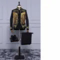 Men retro court style stage performance black gold embroidered suit jacket single piece - M / Tops / Black